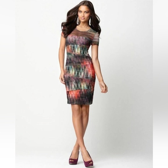 BCBGMaxAzria Dresses & Skirts - BCBG MaxAzria Donna Colorful Ruched Unique Mesh Bodycon Cap Sleeve Sheath Dress